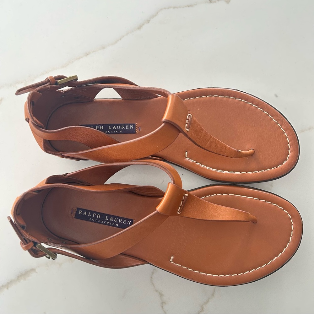 RALPH LAUREN COLLECTION Purple Label Tan Leather Sandals Made in Italy 7.5 EUC
